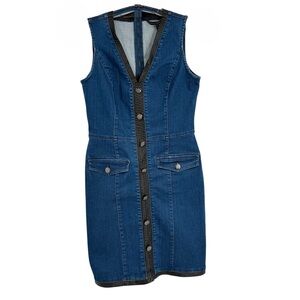 White House Black Market Sleeveless Blue Denim Dress Size 6 Faux Leather Trim
